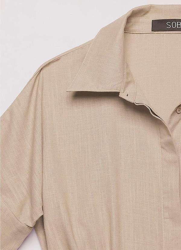 Sob - Vestido Longo de Linho Bege Mocca Chemise Manga Curta Sob Bege 9