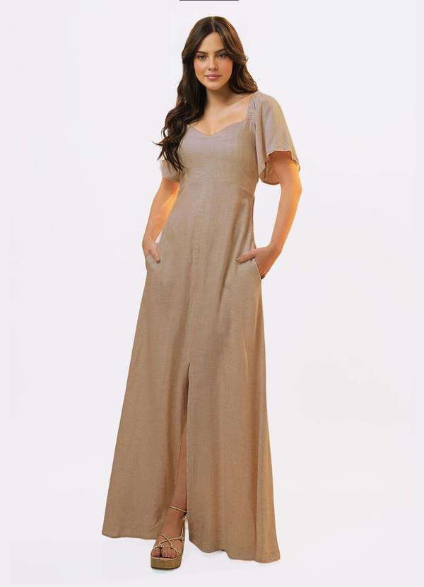Sob - Vestido Longo de Linho Bege Mocca com Mangas e Bolso - Marrom 2