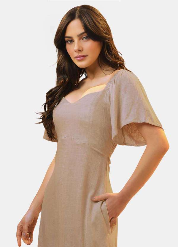 Sob - Vestido Longo de Linho Bege Mocca com Mangas e Bolso - Marrom 3