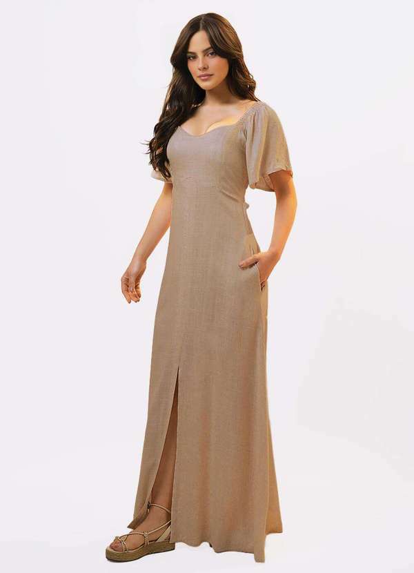 Sob - Vestido Longo de Linho Bege Mocca com Mangas e Bolso - Marrom 4