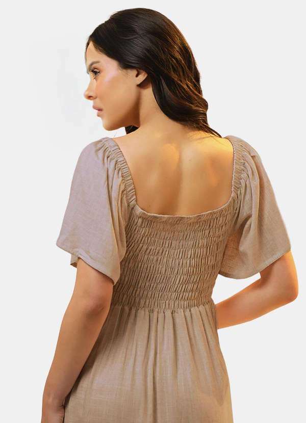 Sob - Vestido Longo de Linho Bege Mocca com Mangas e Bolso - Marrom 5