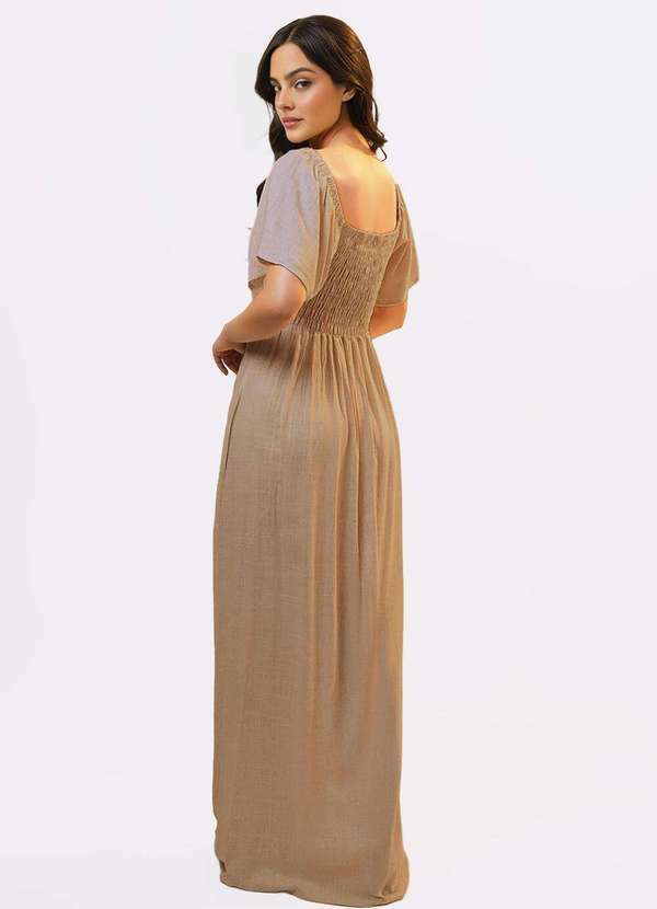Sob - Vestido Longo de Linho Bege Mocca com Mangas e Bolso - Marrom 6