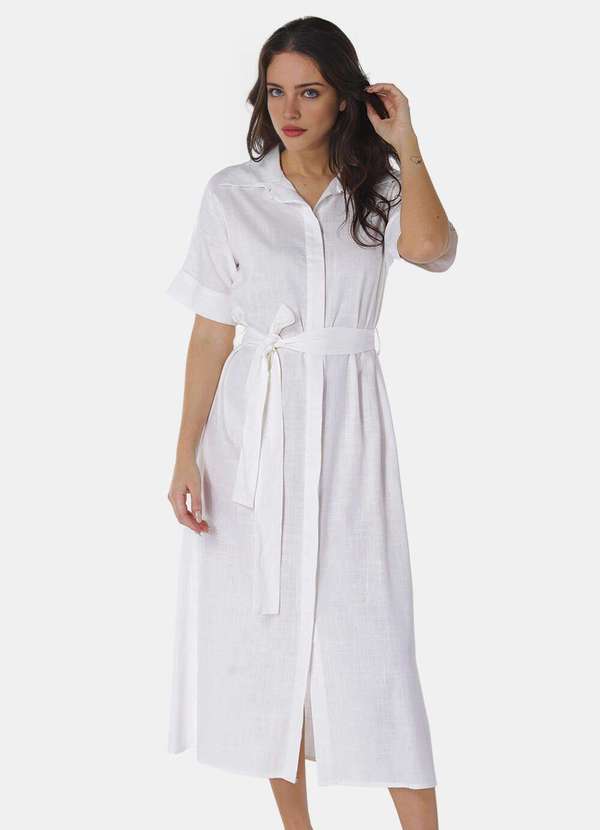 Sob - Vestido Longo de Linho Branco Chemise Manga Curta Sob Branco