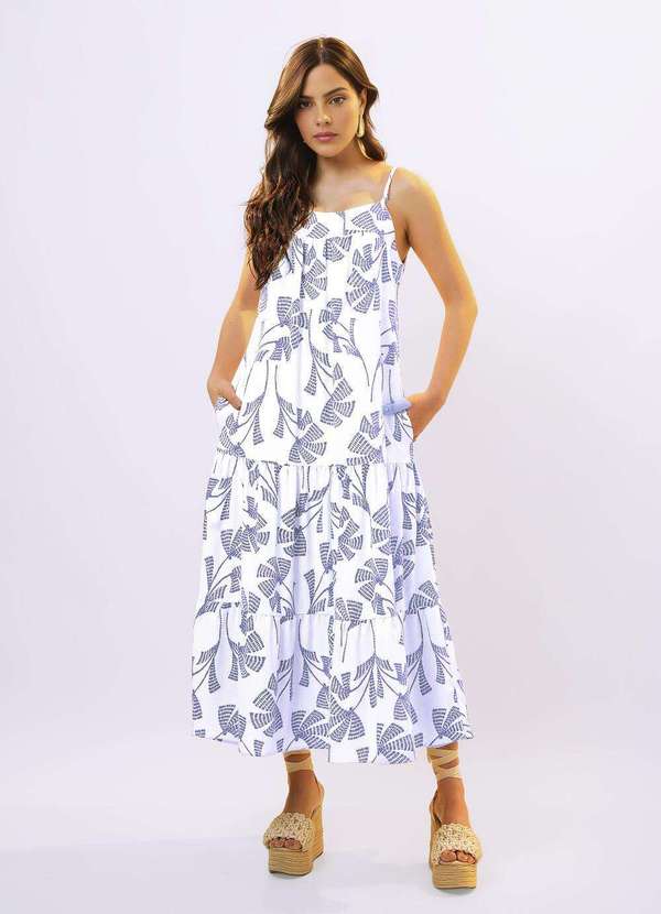 Sob - Vestido Longo de Linho Off White e Azul Solto com Bolsos Azul 2