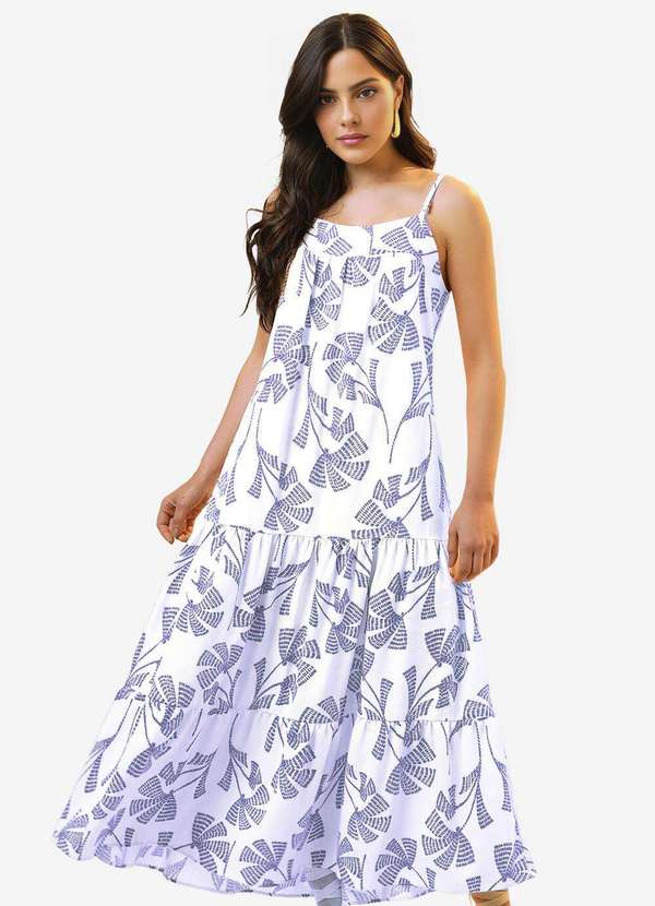 Sob - Vestido Longo de Linho Off White e Azul Solto com Bolsos Azul 3