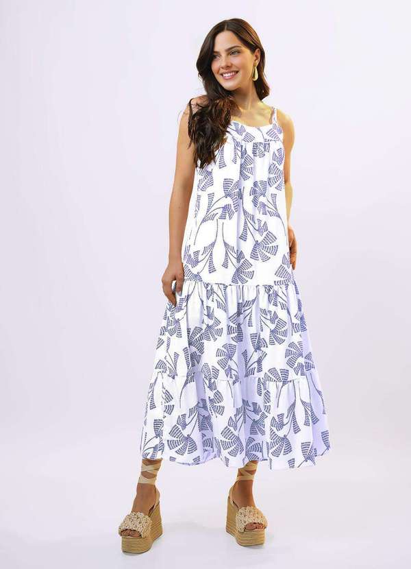 Sob - Vestido Longo de Linho Off White e Azul Solto com Bolsos Azul 4