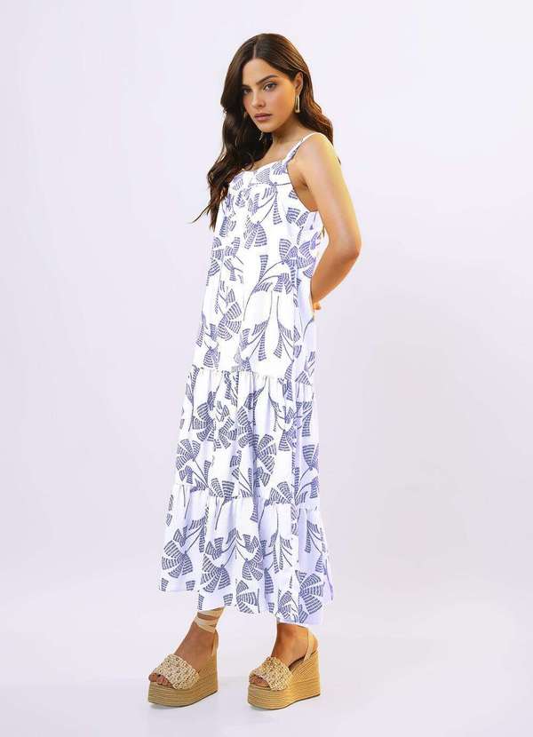 Sob - Vestido Longo de Linho Off White e Azul Solto com Bolsos Azul 5