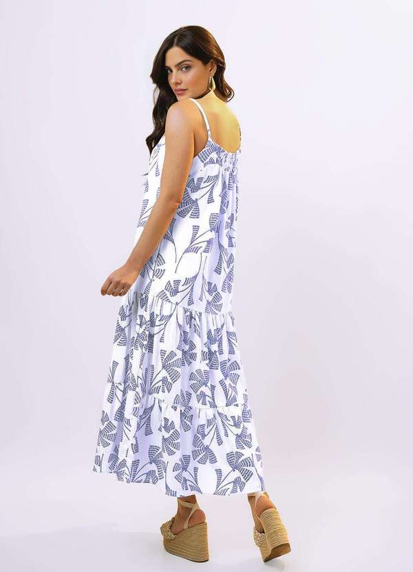 Sob - Vestido Longo de Linho Off White e Azul Solto com Bolsos Azul 6