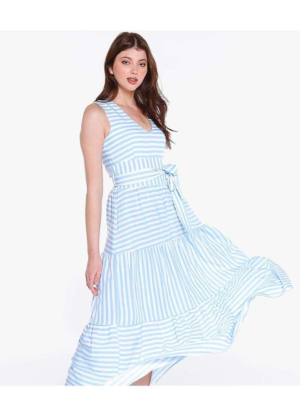 Sob - Vestido Longo Rodado Listrado Toque de Seda Azul