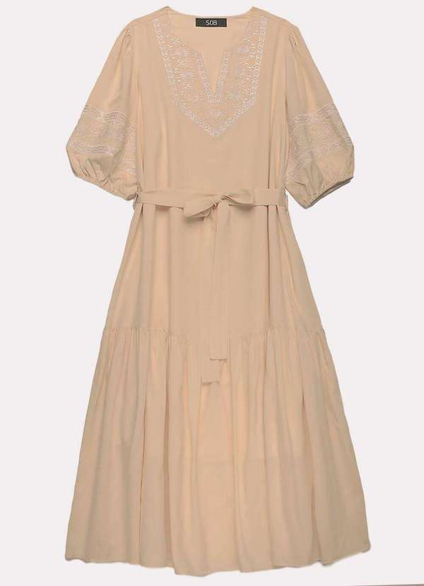 Sob - Vestido Midi Bege Nude Bordado com Mangas Forrado Bege 2