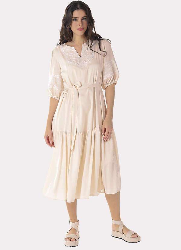 Sob - Vestido Midi Bege Nude Bordado com Mangas Forrado Bege 3