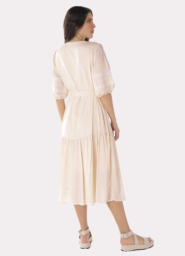 Sob - Vestido Midi Bege Nude Bordado com Mangas Forrado Bege 4