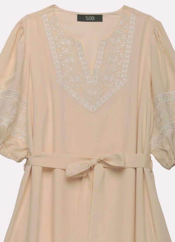 Sob - Vestido Midi Bege Nude Bordado com Mangas Forrado Bege 5