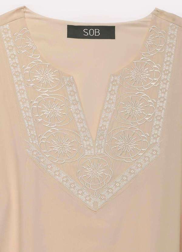 Sob - Vestido Midi Bege Nude Bordado com Mangas Forrado Bege 6