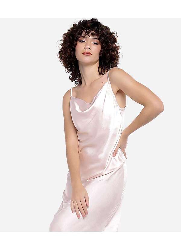 Sob Vestido Midi Cetim Toque de Seda Decote Degagê Champagne Sob Bege