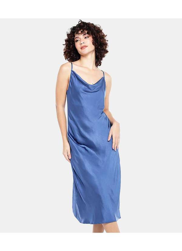 Sob - Vestido Midi Cetim Toque de Seda Decote Degagê Azul 2