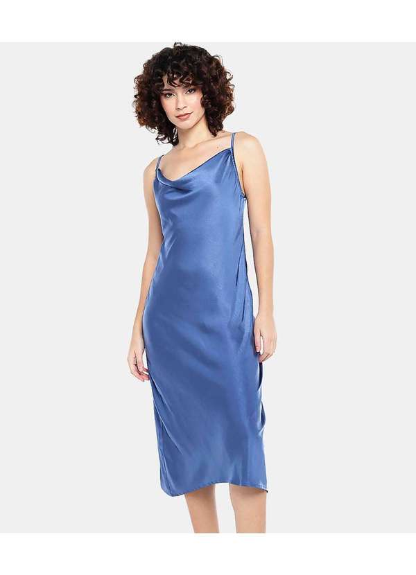 Sob - Vestido Midi Cetim Toque de Seda Decote Degagê Azul 4