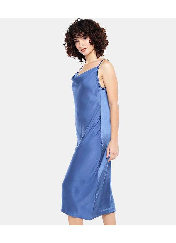 Sob - Vestido Midi Cetim Toque de Seda Decote Degagê Azul 5