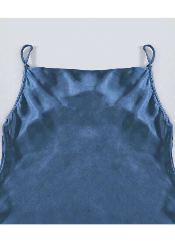 Sob - Vestido Midi Cetim Toque de Seda Decote Degagê Azul 7