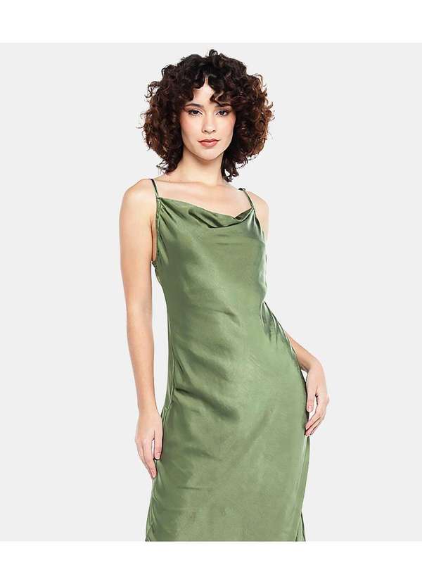 Sob - Vestido Midi Cetim Toque de Seda Decote Degagê Verde