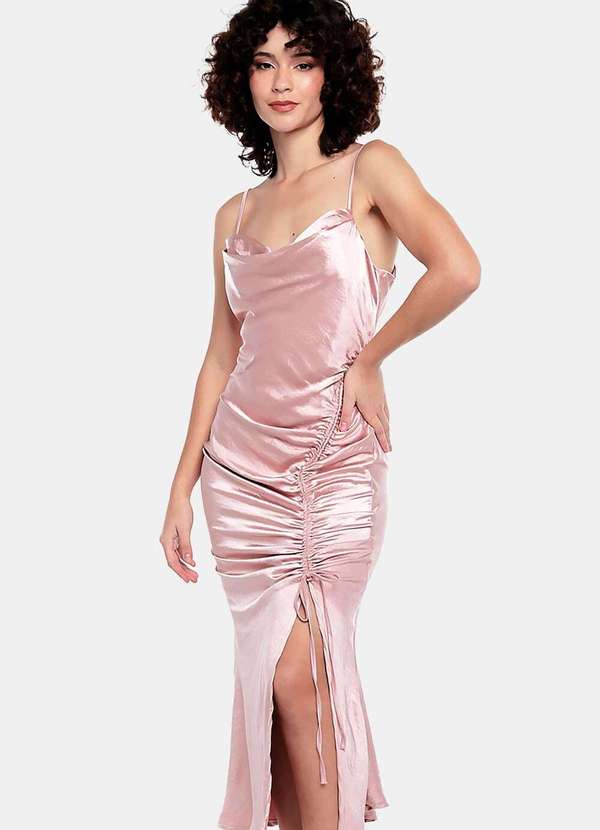 Sob - Vestido Midi Cetim Toque de Seda Drapeado - Rosa
