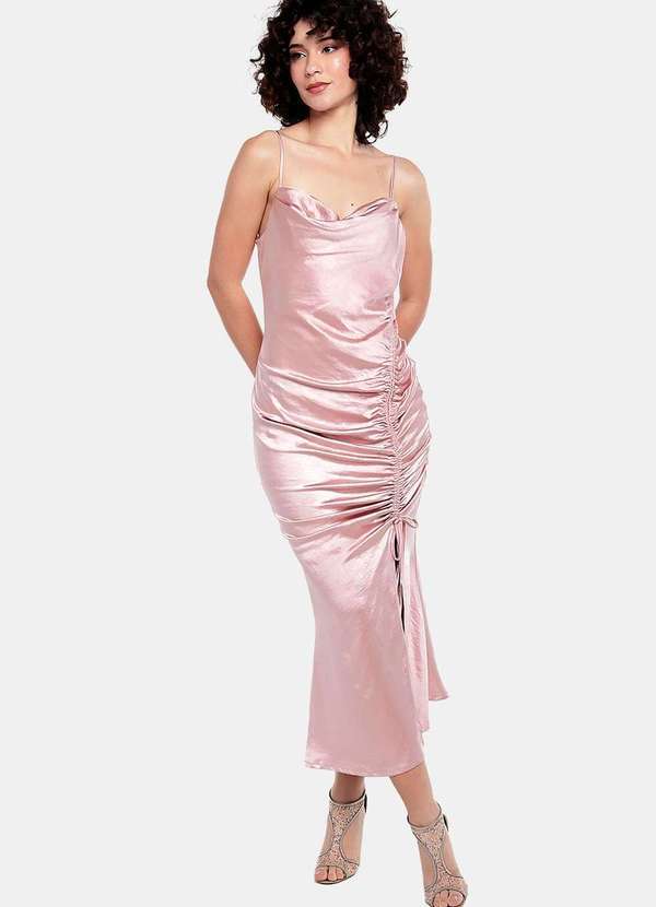 Sob - Vestido Midi Cetim Toque de Seda Drapeado - Rosa 2