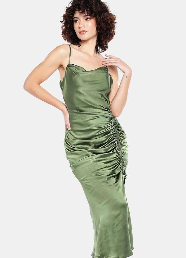 Sob - Vestido Midi Cetim Toque de Seda Drapeado - Verde 2