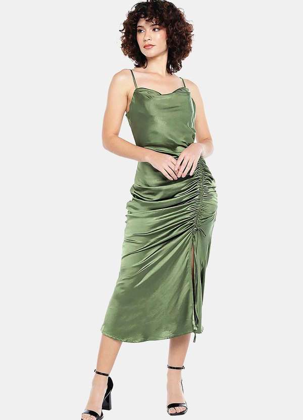 Sob - Vestido Midi Cetim Toque de Seda Drapeado - Verde 3