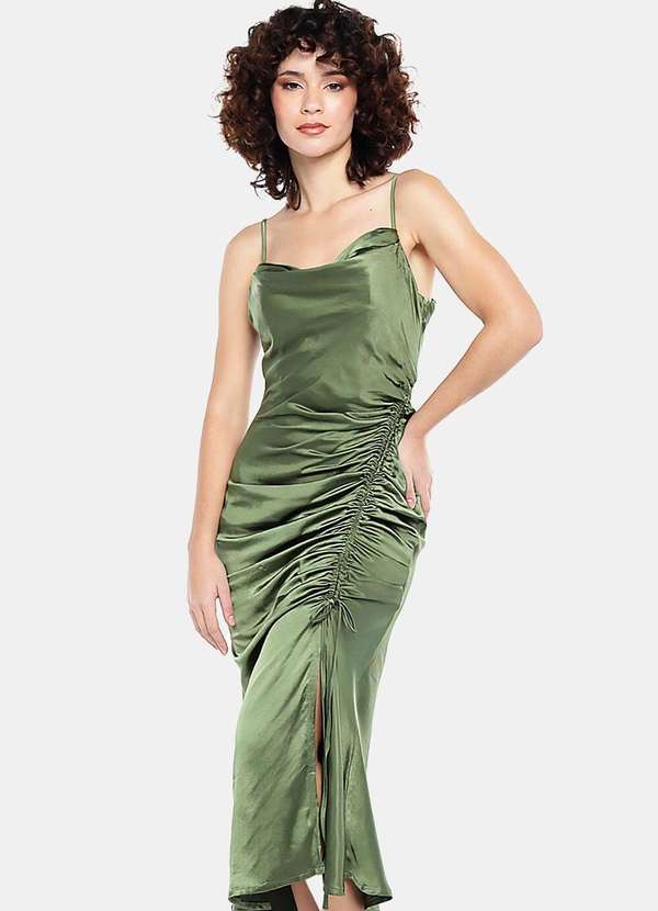 Sob - Vestido Midi Cetim Toque de Seda Drapeado - Verde 4