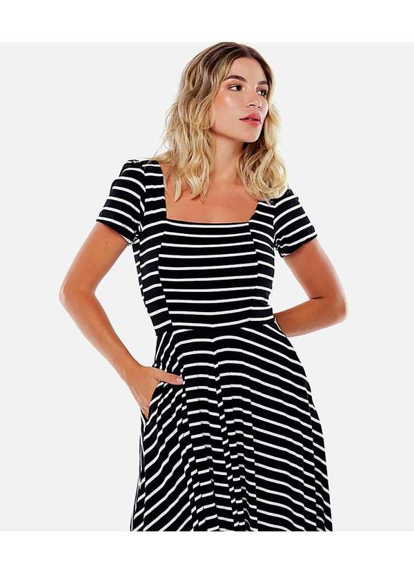 Sob - Vestido Midi com Mangas Listrado com Bolsos em Viscose - Preto 2