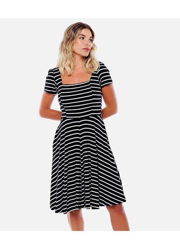 Sob - Vestido Midi com Mangas Listrado com Bolsos em Viscose - Preto 3
