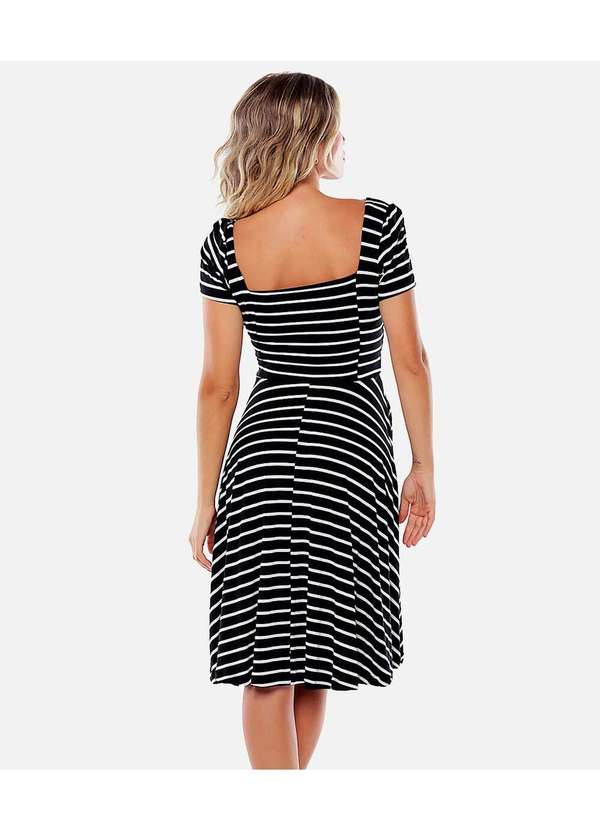 Sob - Vestido Midi com Mangas Listrado com Bolsos em Viscose - Preto 5