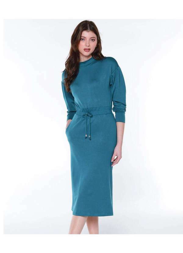 Sob - Vestido Midi com Mangas Malha de Viscose e Fenda Azul