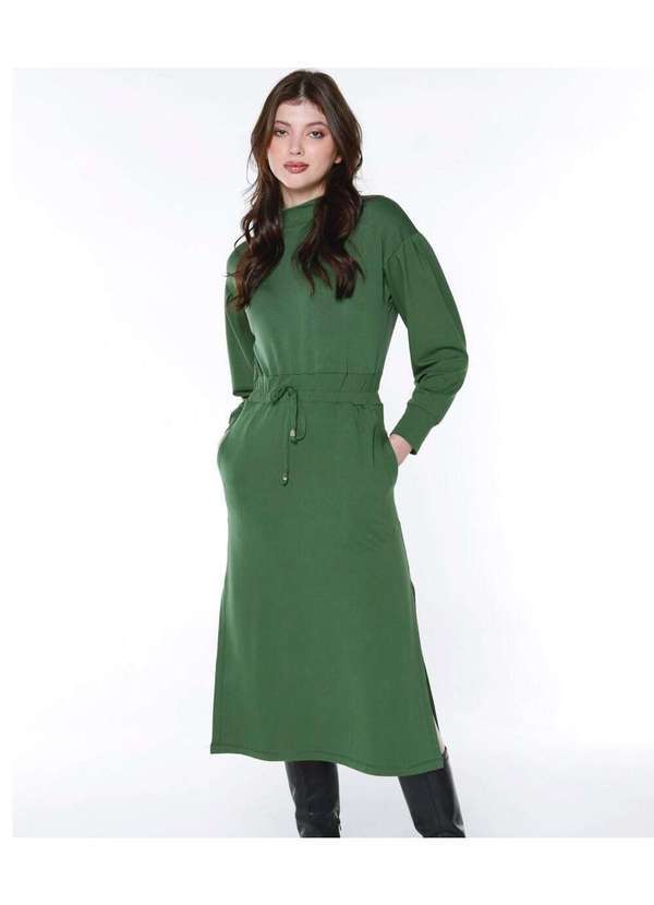 Sob - Vestido Midi com Mangas Malha de Viscose e Fenda Verde