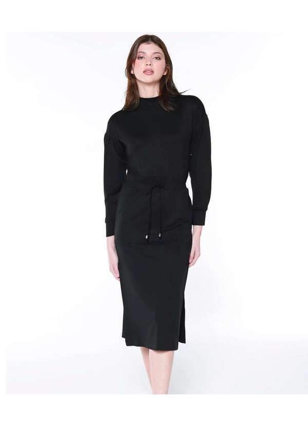 Sob - Vestido Midi com Mangas Malha de Viscose e Fenda Preto