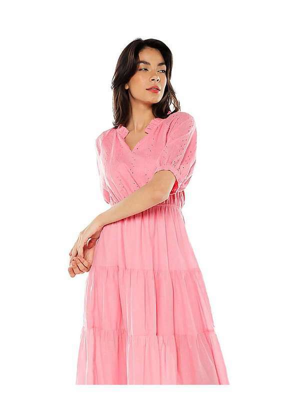 Sob - Vestido Midi de Laise de Algodão com Mangas Rosa
