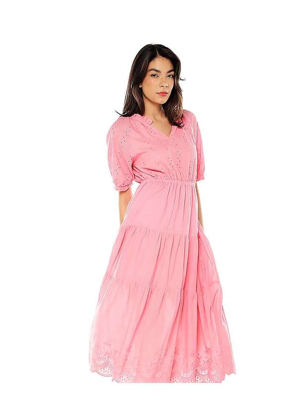 Sob - Vestido Midi de Laise de Algodão com Mangas Rosa 4