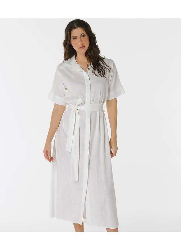 Sob - Vestido Midi de Linho Chemise Manga Curta Sob - Branco