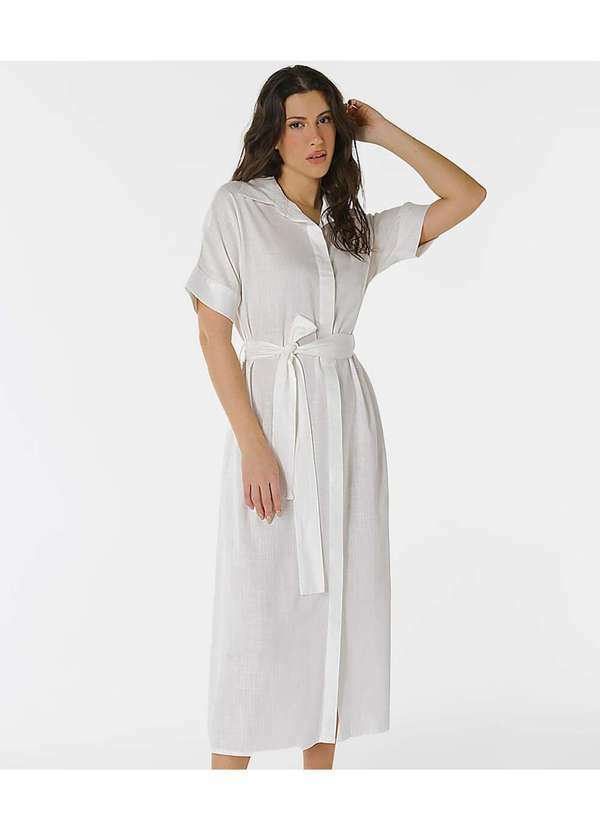 Sob - Vestido Midi de Linho Chemise Manga Curta Sob - Branco 2