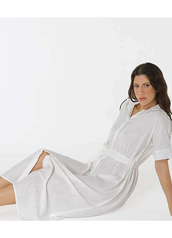 Sob - Vestido Midi de Linho Chemise Manga Curta Sob - Branco 6