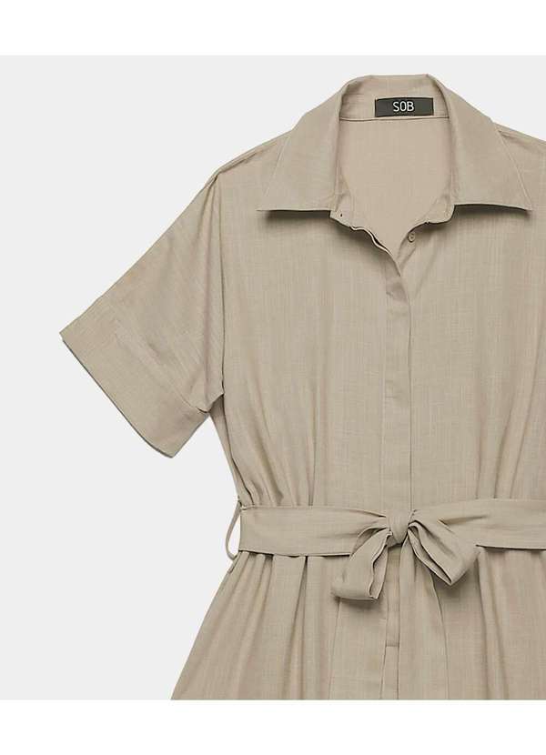 Sob - Vestido Midi de Linho Chemise Manga Curta Sob - Bege 7