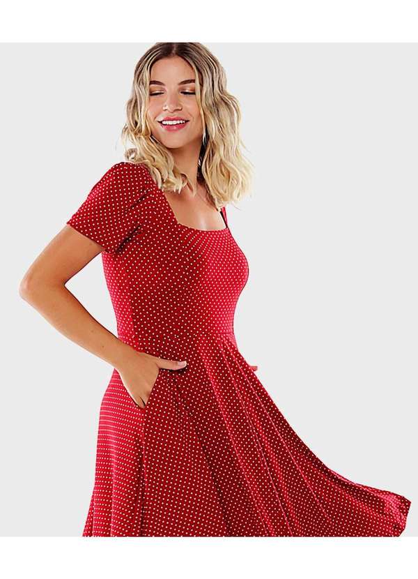 Sob - Vestido Vermelho Midi com Mangas de Poá Bolsos Viscose - Vermelho