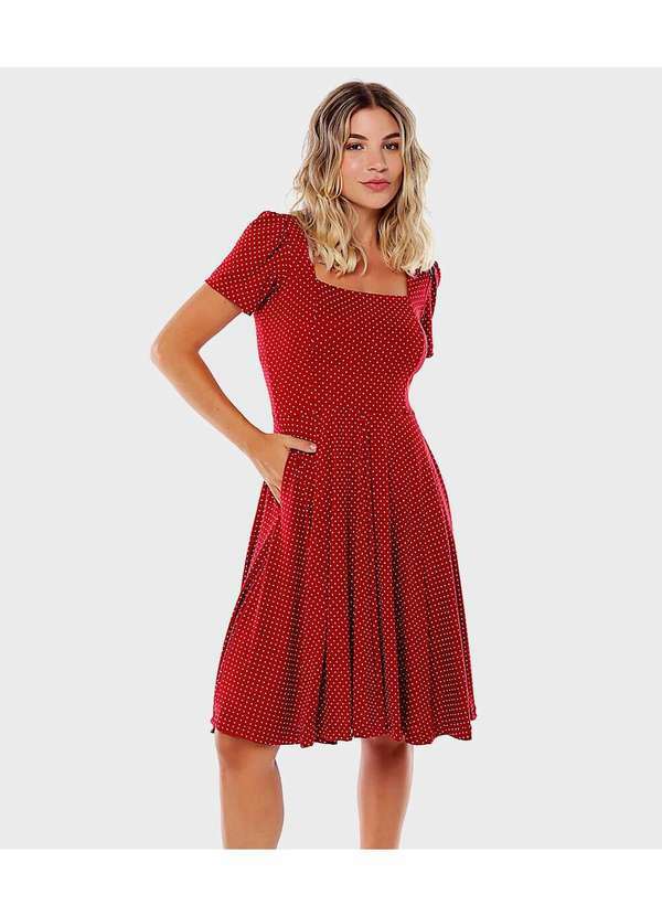 Sob - Vestido Vermelho Midi com Mangas de Poá Bolsos Viscose - Vermelho 2