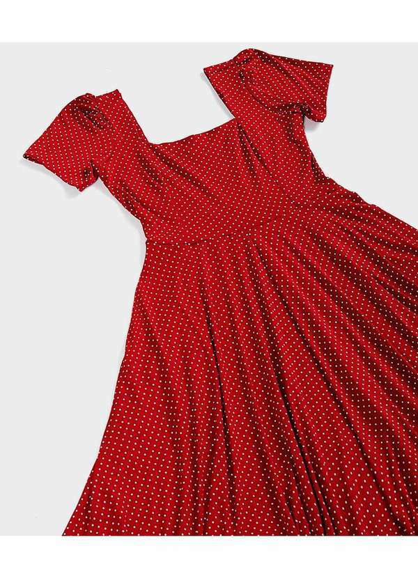 Sob - Vestido Vermelho Midi com Mangas de Poá Bolsos Viscose - Vermelho 6
