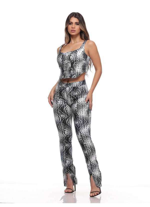 Razon Jeans - Blusa Corpete Feminino Sarja Lycra Estampado Preto - Branco