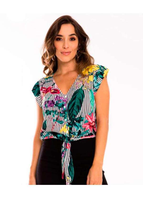 Razon Jeans - Blusa Feminina Estampada Listrada Floral Amarracao - Branco