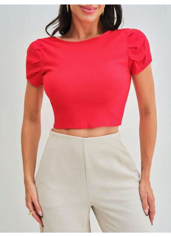 Razon Jeans - Blusa Feminina Tecido Plano Manga Bufante c/ Amarração - Vermelho