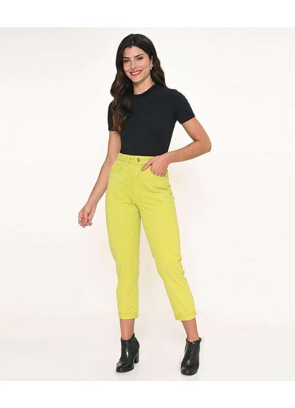 Razon Jeans - Calça Feminina Cintura Alta Sarja Mom Verde Limão - Verde-Limão