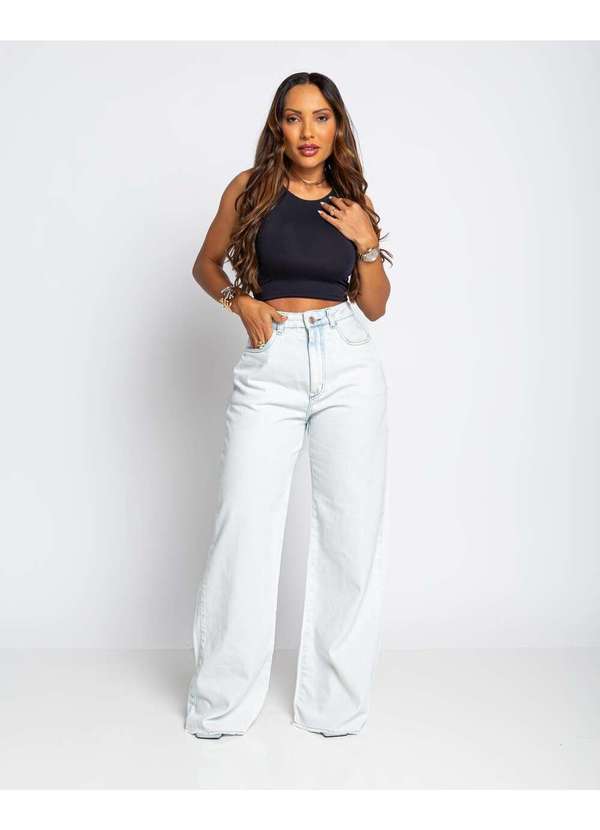 Razon Jeans - Calça Feminina Jeans Wide Leg Barra Desfiada Lavagem Clara Lavagem Clara