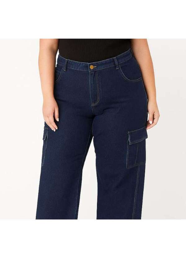 Razon Jeans - Calça Jeans Cargo Wide Leg Plus Size Bolsos Laterais Moda Azul Escuro